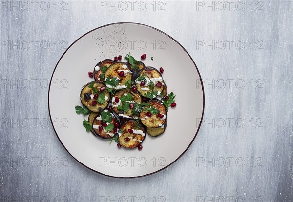 Fried eggplant, with white sauce, pomegranate seeds, top view, no people