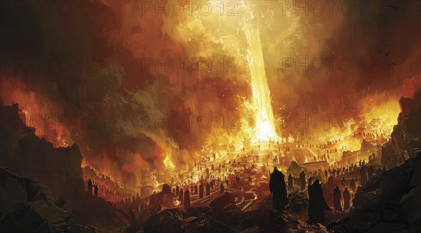 A fiery, dark scene of hell and eternal burning fire that punishes suffering sinners, AI generated