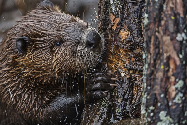 Close up of Beaver gnawing on tree. Generative ai, AI generated