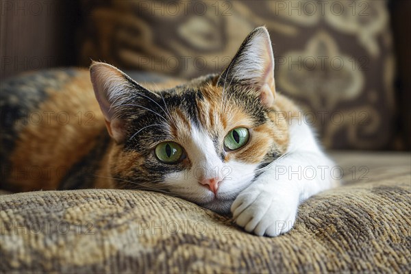 Cute three colored Calico Cat on couch. Generative AI, AI generated
