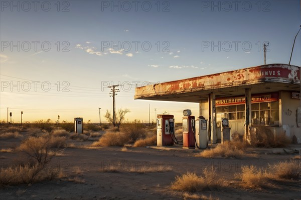 Abandoned retro gas station in the middle of a desert at sundown, with rusted gas pumps and an old