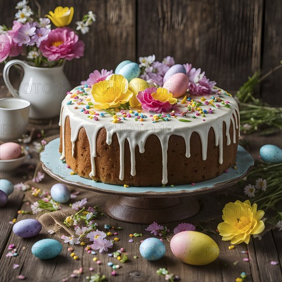 Decorated Easter cake with intricate icing flowers and colorful sprinkles, placed on a rustic