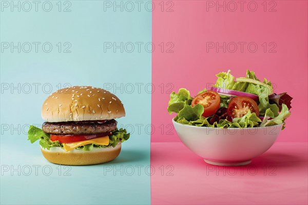 Comparison of healthy and unhealthy food with hamburger on one side and bowl with salad on other