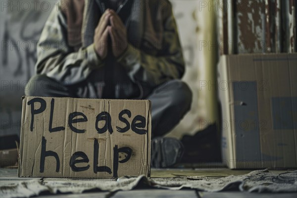 Cardboard sign with text 'Please help' and homeless beggar in background. KI generiert, generiert,