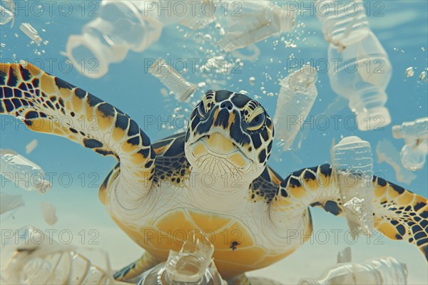 A sea turtle, hawksbill turtle dives among plastic waste, symbolic image for endangered species,