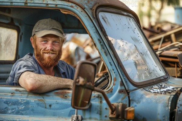 A red-haired man with a full beard, a scrap dealer in work clothes sits behind the wheel of his