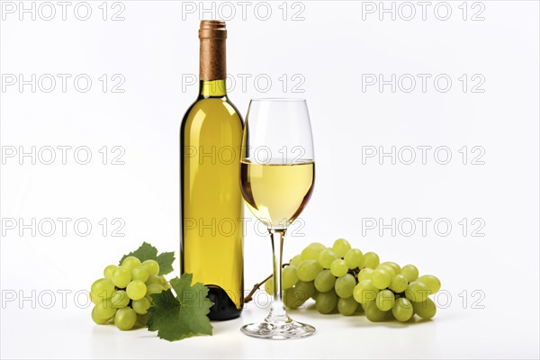 Glass of white wine with bottle and grapes on white background. KI generiert, generiert KI