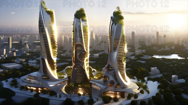 Futuristic skyscraper with termite mounds for natural ventilation and energy efficiency, AI