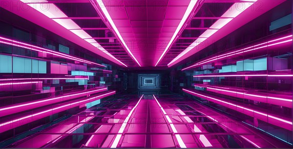 Abstract geometric pattern tunnel structure embodying data streams and communication in magenta