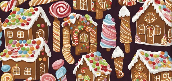Abstract wallpaper illustration of of gingerbread house decoration, AI generated