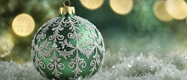 Close up of a frosted green Christmas ornament, detailed with tiny ice crystals, delicate carvings,