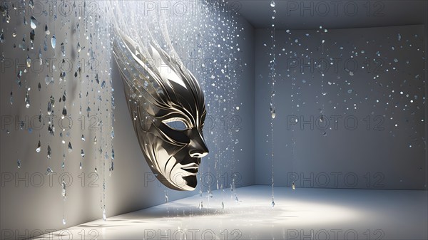 3d rendering of a mask adorned with tears suspended on a wall, AI generated