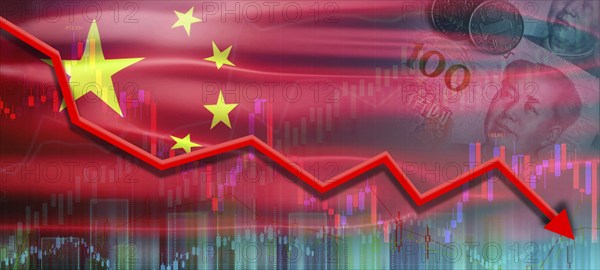Financial fall of the Chinese economy on financial graph. China financial crisis on economic graph,