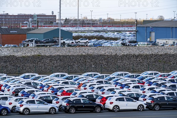Emden, Cars waiting in the harbour for shipment, VW plant, East Frisia, Lower Saxony