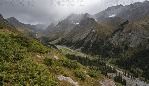Green mountain valley with river and steep mountain peaks, Chong Kyzyl Suu Valley, Terskey Ala Too,