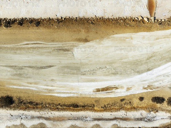 Detail at the Bonanza salt works near Sanlúcar de Barrameda. Aerial view. Drone shot. Cádiz
