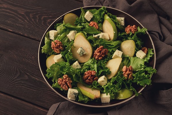 Keto Salad, pear with blue cheese and walnut, selective focus, no people, close-up