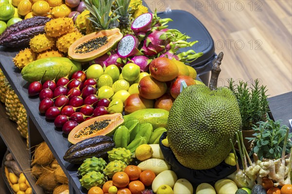 Exotic fruits, lychee, jackfruit, dragon fruit, mango and citrus fruits presented on a table,