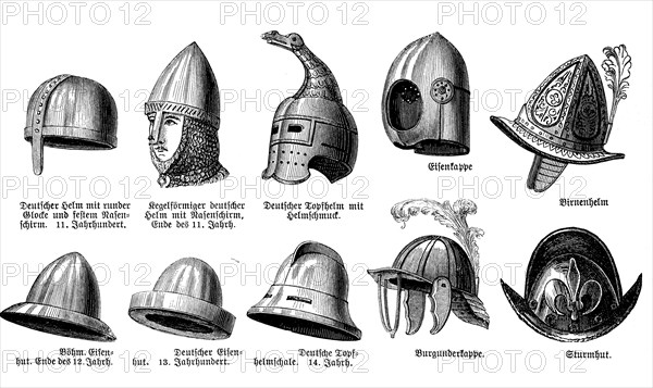 Helmets from various periods from the 11th century to the 18th century, illustration from 1880,