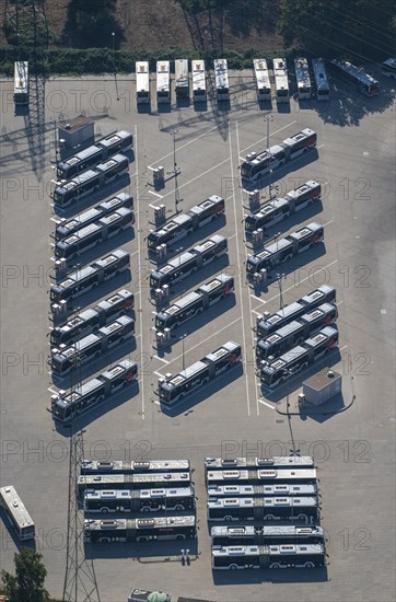 Aerial view, bus parking, public transport, depot, charging station, bus, electric, e-buses, car