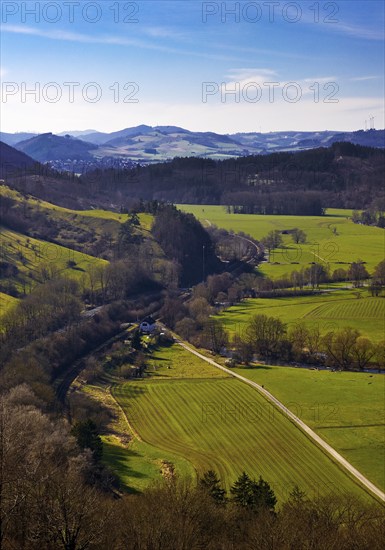 View from the Calvary into the Lower Diemel Valley, Marsberg, Sauerland, North Rhine-Westphalia,