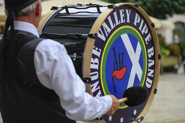 Big drum by bagpipers, bagpipe orchestra, pipe concert, Sigmaringen, Baden-Württemberg, Germany,