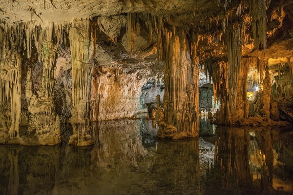 Huge stalactites and underground lake, stalactite cave, Grotta di Nettuno, Neptune Grotto, Capo