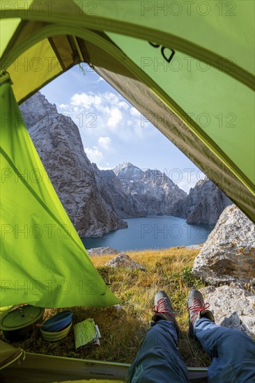 Wild camping, camping in the wilderness with a tent, Kol Suu mountain lake, Sary Beles Mountains,