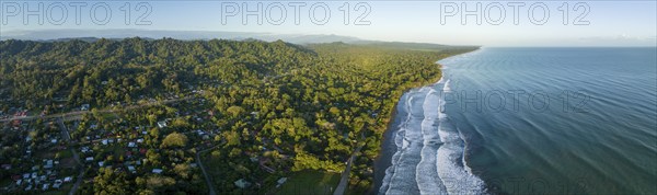 Aerial view, view of Cahuita National Park, coast and coastal landscape with forest, Cahuita,