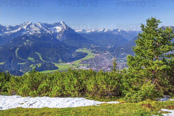 View from Wank 1780m to valley, village and Zugspitzgruppe 2962m, Garmisch-Partenkirchen,