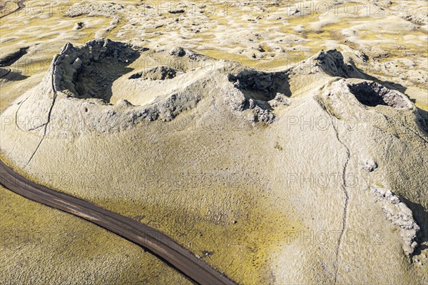 Single crater of the Laki crater row, top down view, road F206, Iceland, Europe