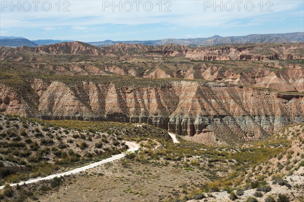 Wide hilly desert landscape with dry vegetation and gentle slopes under a slightly cloudy sky, Los