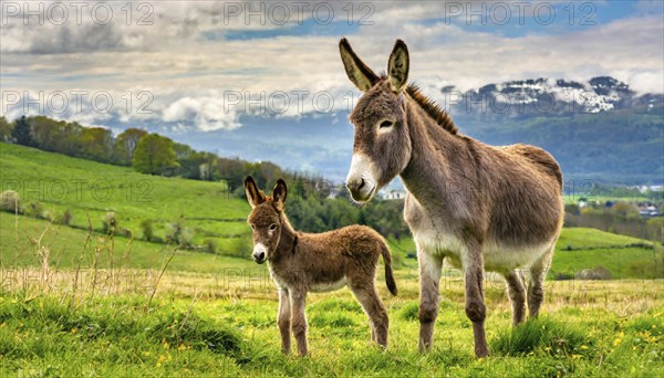 A large and a small donkey, mother and foal, stand in a meadow with a panoramic landscape in the