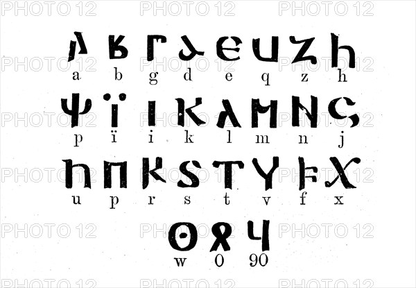 The Gothic alphabet, alphabetical script developed by the Gothic bishop Wulfila in the 4th century