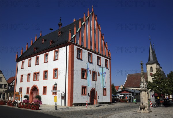 Old town hall and parish church, Hassfurt, Hassberge district, Lower Franconia, Bavaria, Germany,