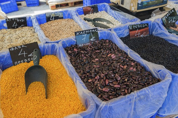 Various pulses in large containers at a market, market, Nafplio, Nauplia, Nauplion, Nafplion,