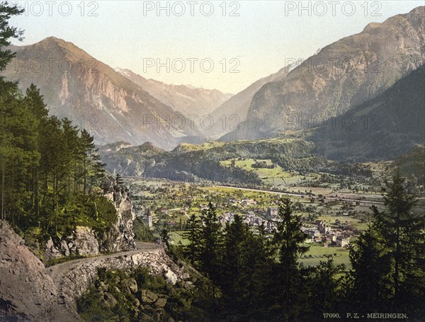 General view of Meiringen, Bernese Oberland, Switzerland, Historic, digitally restored reproduction