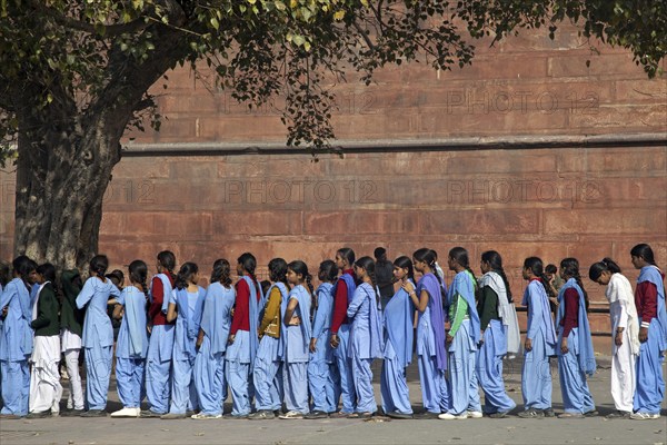 Muslim teenager girls wearing blue school uniforms in Old Delhi, India, Asia