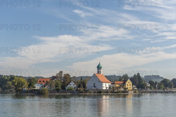 Moated castle, Lake Constance, parish church of St George, onion dome, Bavaria, Germany, Europe
