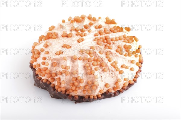 Single pink marshmallow isolated on white background. close up