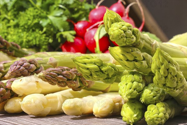 Green asparagus and white asparagus decorated on a rustic wooden table