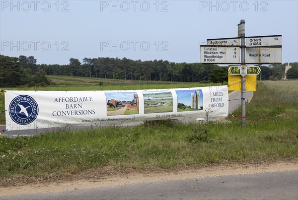 Advertising for affordable barn conversions at Chillesford Lodge estate, near Orford, Suffolk,