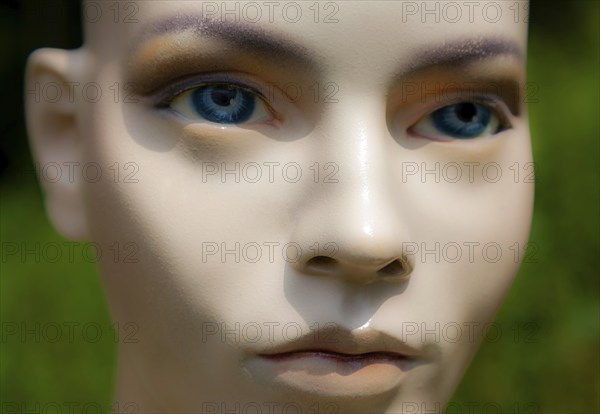 Female mannequin face doll model woman bald blue eyes close-up