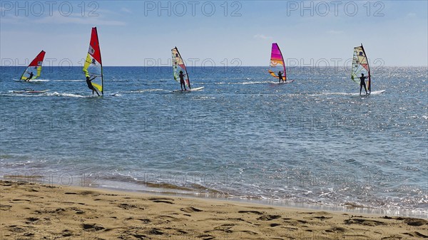 Windsurfer on the sea in sunny weather with colourful sails, surfer's paradise, kitesurfer,