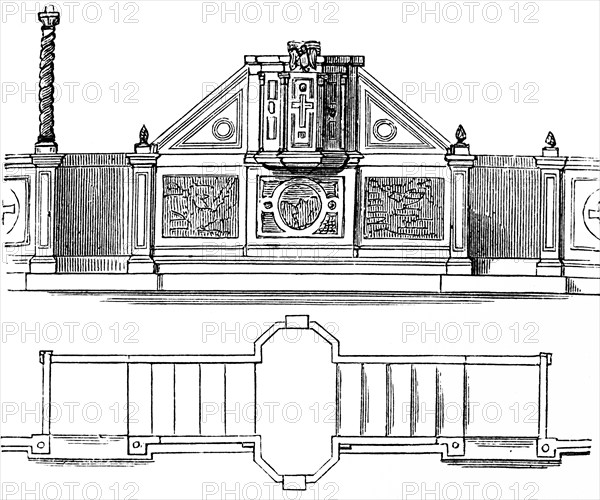 Early Christian ambo, early Christian architecture, gallery above aisle, wooden construction,