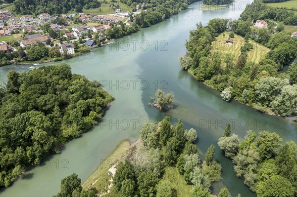 Confluence of river Limmat and river Aare at Limmatspitz, aerial view, Aargau, Switzerland, Europe