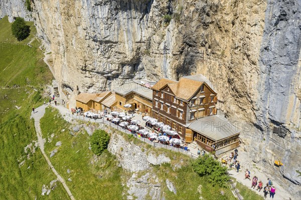 Ebenalp, Guest house Aescher, Wildkirchli under the Ascher cliff, aerial view, Ebenalp, Appenzell,