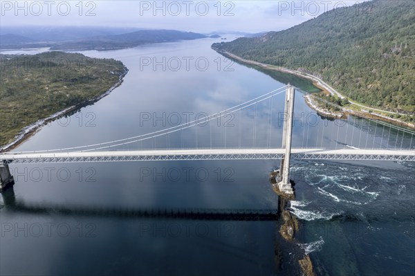 Aerial view of suspension bridge over fjord Efjord, road E6, northern Norway