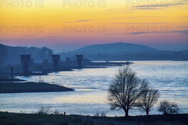 Rhine at Duisburg-Bruckhausen, towers of the water extraction facilities of ThyssenKrupp Steel