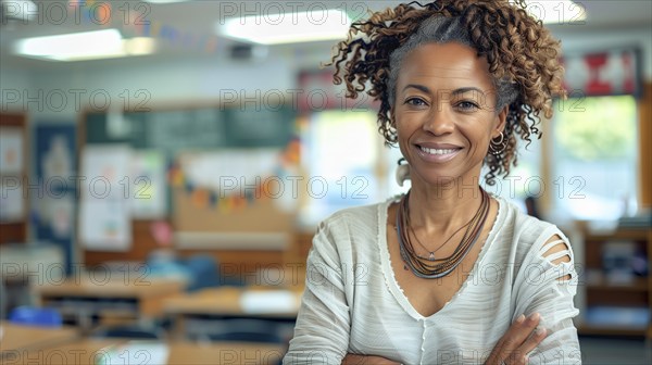 Proud smiling african american female teacher standing in her classroom. generative AI, AI